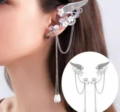 エレガントな羽根と花のイヤーカフ イヤーカフ イヤリング アクセサリー 妖精