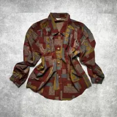 【一点物】90s 総柄 アート レトロ 長袖シャツ テロ感 マルチカラー L