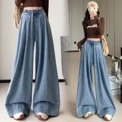 ワイドパンツ 着痩せ オシャレ レディース デニム ジーパン ゆったり 無地
