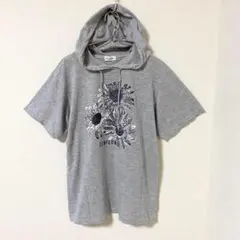 【カジュアルウェア】Tシャツ フード付き 花柄フロントプリント 半袖 M-L