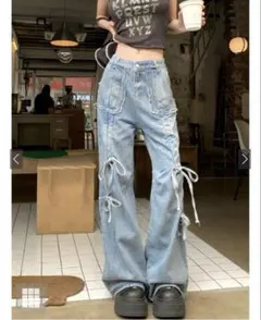 GRL フリンジリボンセミフレアデニムパンツ【ks004】