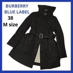 バーバリーブルーレーベル ブラック ウール ロングコート 裏地チェック