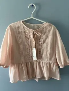 ピンク レースディテール 五分袖ブラウス