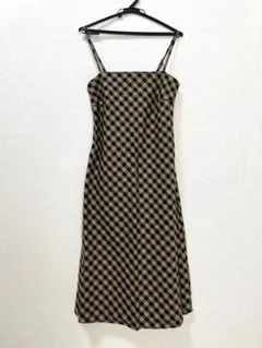 チェック柄　キャミワンピース　ロング丈　茶色　　M