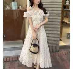 GRL ドット柄フリルオフショルダーフレアロングワンピース 【 ru1165 】