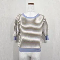 AS KNOW AS PLUS ボーダーサマーニット 五分袖 くすみブルー 半袖のサムネイル