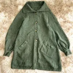グリーン ニットロングカーディガン 襟付き ポケット 古着