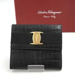✨未使用に近い✨　Ferragamo ミニ財布　リザード　ヴァラリボン　がま口 未使用展示品 箱付き フェラガモ 三つ折り財布 ヴァラリボン