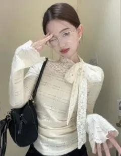 SHEIN レースリボン ブラウス 長袖シャツ