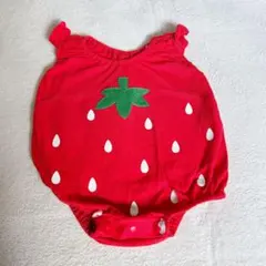 いちご柄赤ロンパース フリル袖付き