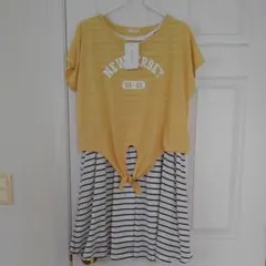 新品タグ 半袖カットソー&ボーダーワンピース2枚セット L 黄色 白 紺