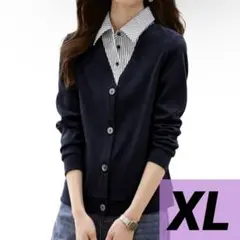 XLサイズ　レイヤードトップス 長袖 ストライプシャツ vネックカーディガン