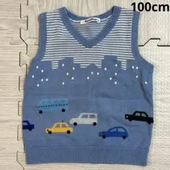 ファミリア ニットベスト 100 車 水色 男の子 春 秋 ボーダー 乗り物