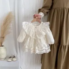 ベビードレスクリーム色 ベビードレス フリル付き 幼児 女の子 ワッフル レース