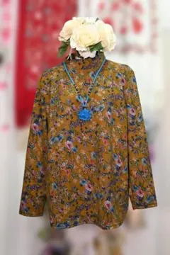 新品更にOFF❤ LLサイズ ゆったり花柄ハイネック長袖トップス9112