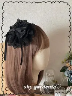 ♡オールブラックダブルレースローズ漆黑円形ヘッドドレス ロリータ量産型ゴスロリ♡