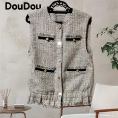 【新品タグ付】ツイード ベスト ジレ 金ボタン ノーカラー ラメ フリンジ