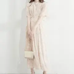 natural couture ハイネックバックリボンワンピース ベージュ 花柄