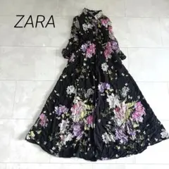 【ザラ】ロングワンピース シャツワンピース 花柄 総柄 マキシ丈 【S】