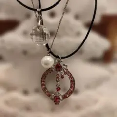 淡水パール、スワロフスキー、 ピンク装飾３点ネックレスセット