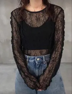 シアーレース 長袖トップス カットソー　ブラック