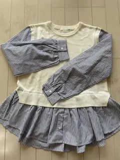 ★ホワイト/ストライプ 長袖ベスト重ね着風トップス★