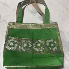 緑色 花柄刺繍 和装用バッグ 中型