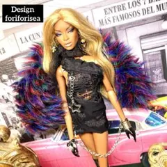 France製Shiny jet BLACK dress★colorfulファー