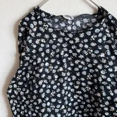 美品✨️【M】Tシャツ 半袖 花柄 フラワー 青 黒 レディース トップス 古着