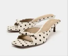 【美品】ZARA ドット柄 ミュール 38 サンダル リボン ピンクベージュ