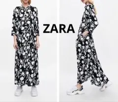 ZARA フローラルプリントドレスワンピース ボタニカル　モノトーン　七分袖