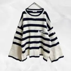 b966【アムリール】5Lビッグサイズボーダーゆるニットボリューム袖プルオーバー