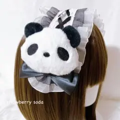パンダ ヘアクリップ＆ブローチ付き ブラック リボン レースアップ ヘッドドレス