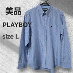 美品 PLAYBOY ギンガムチェック柄 長袖 ボタンダウン シャツ 水色のサムネイル
