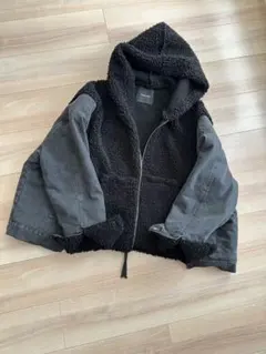 MELANGE メラーンジュ　フード付きボア×デニム切替ジャケット　黒系