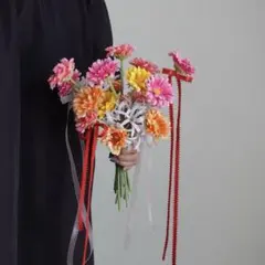 韓国風ガーベラポップブーケ　結婚式　前撮り　フォトウェディング　ブートニア付き