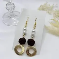 水引 ピアス あわじ玉 茶 パール ゴールド 揺れる ハンドメイド 結輝 藍瞬