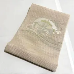 D 夏物 絽綴れ 波に歯車 金銀糸 白地 紗 薄物 太鼓柄 名古屋帯 松葉 
