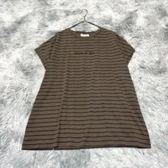 【ヒューマンウーマン】Tシャツ カーキ ネイビー ボーダー柄 M 英字フェルトのサムネイル