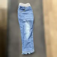 デニムブルー フリンジ裾 ロングパンツ