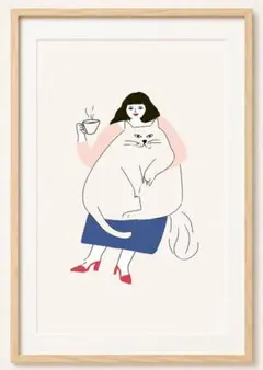 ＜コーヒーを飲む女性と巨大な猫＞ 現代アート