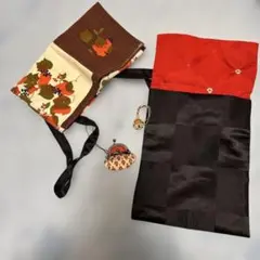 和物　4点セット　風呂敷 オレンジと緑の葉模様 綿製・がま口・鈴　日本のお土産