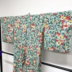 小紋　単衣　紬　花模様　唐草　カラフル　ライトグリーン　着物　012tz