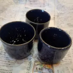 手描き 藍色 ぐい呑み 3客セット ハンドメイド