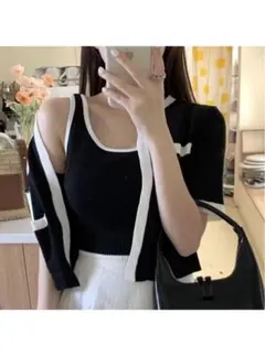 【新品未使用】配色カーディガン×タンクトップニットアンサンブル