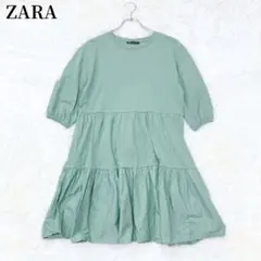 ZARA ティアード半袖チュニック ミントグリーン クルーネック カジュアルのサムネイル