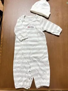 ミキハウス ストライプロンパースと帽子セット