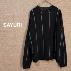 1743【SAYIRI】ハイネック　長袖ニット　薄手　黒【M】ストライプ　上品