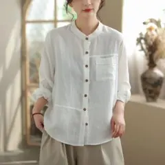 シンプル 無地レディース 長袖 レトロ ブラウスI 大きいサイズ フロントボタン