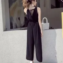 オールインワン 夏服 ロング ワンピース ノースリーブ サロペット ブラック 黒